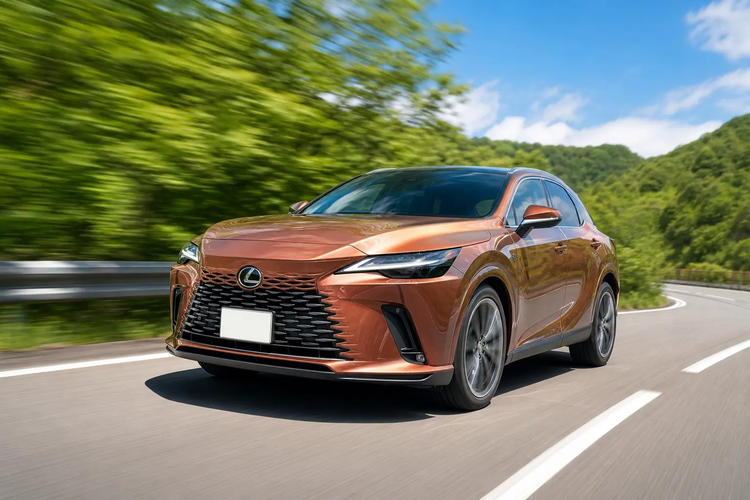 レクサスRXをカッパー系の車体色で、日中のワインディングを走行中に斜め前から捉えた外観カット。背景が流れて車体はシャープに写っている