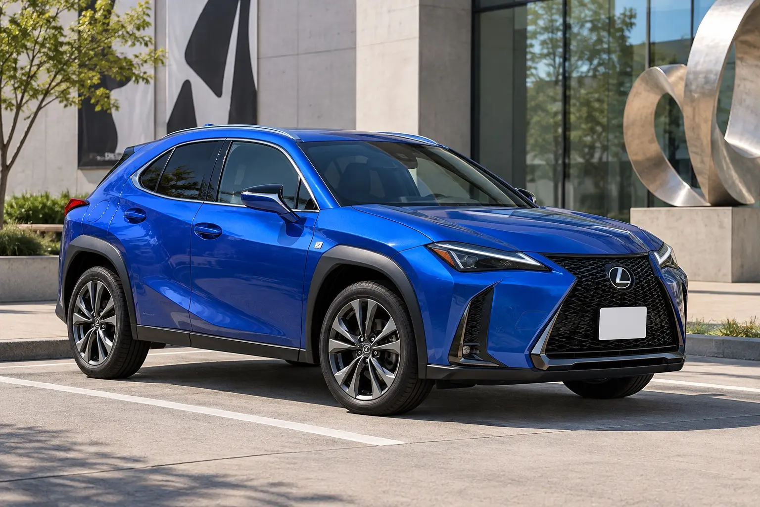 レクサス UX300h F SPORT（2026年モデル）の斜め前からの外観。ボディカラーはヒートブルーコントラストレイヤリング。都市の美術館の前の駐車スペースに停まっている