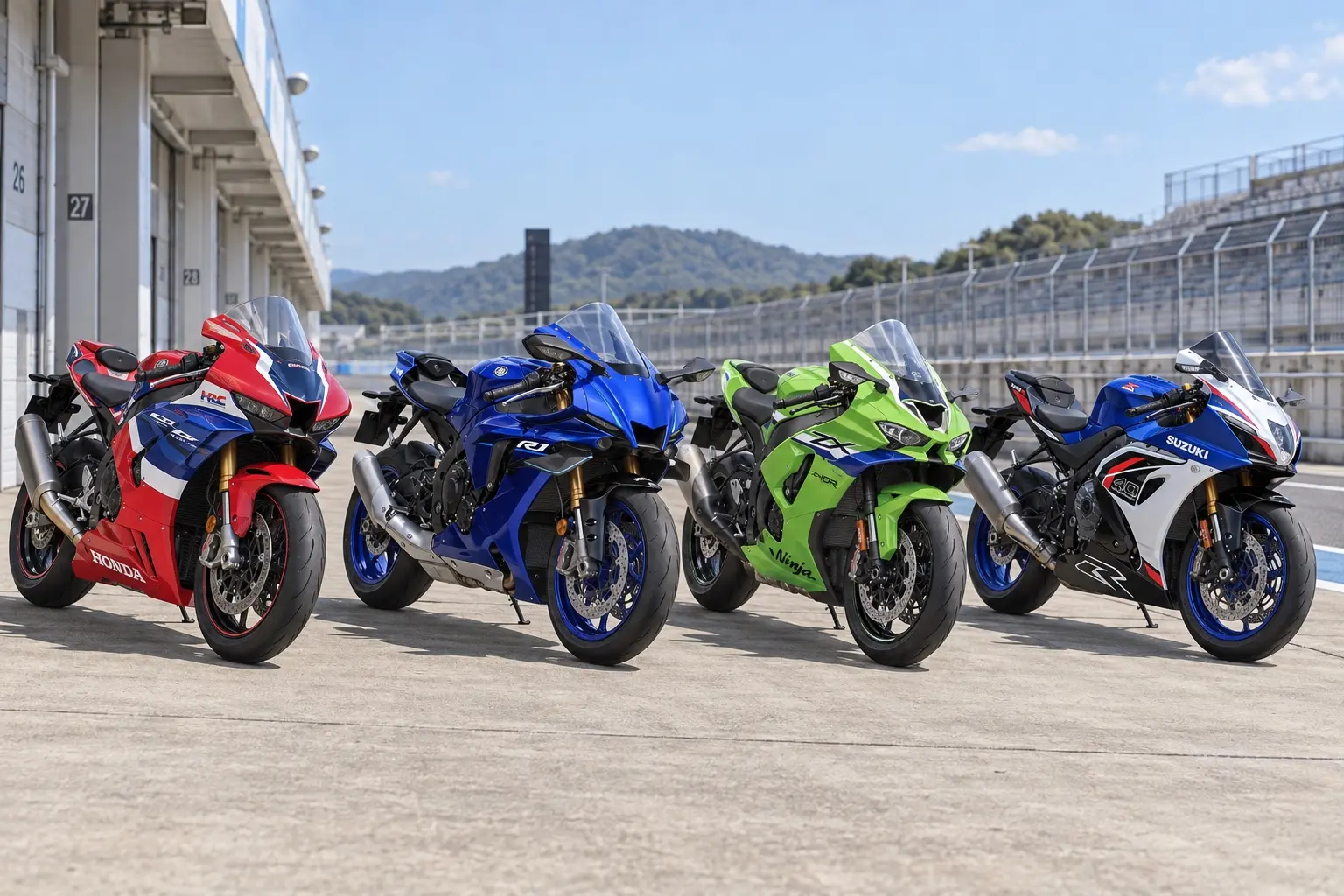 国産のリッタースーパースポーツ4台を並べたカット。左からホンダ CBR1000RR-R FIREBLADE（赤・白・青）、ヤマハ YZF-R1（濃い青）、カワサキ Ninja ZX-10R（ライムグリーン・大きなウイング）、スズキ GSX-R1000R（青と白）。サーキットのピットロードに斜め前向きで並ぶ