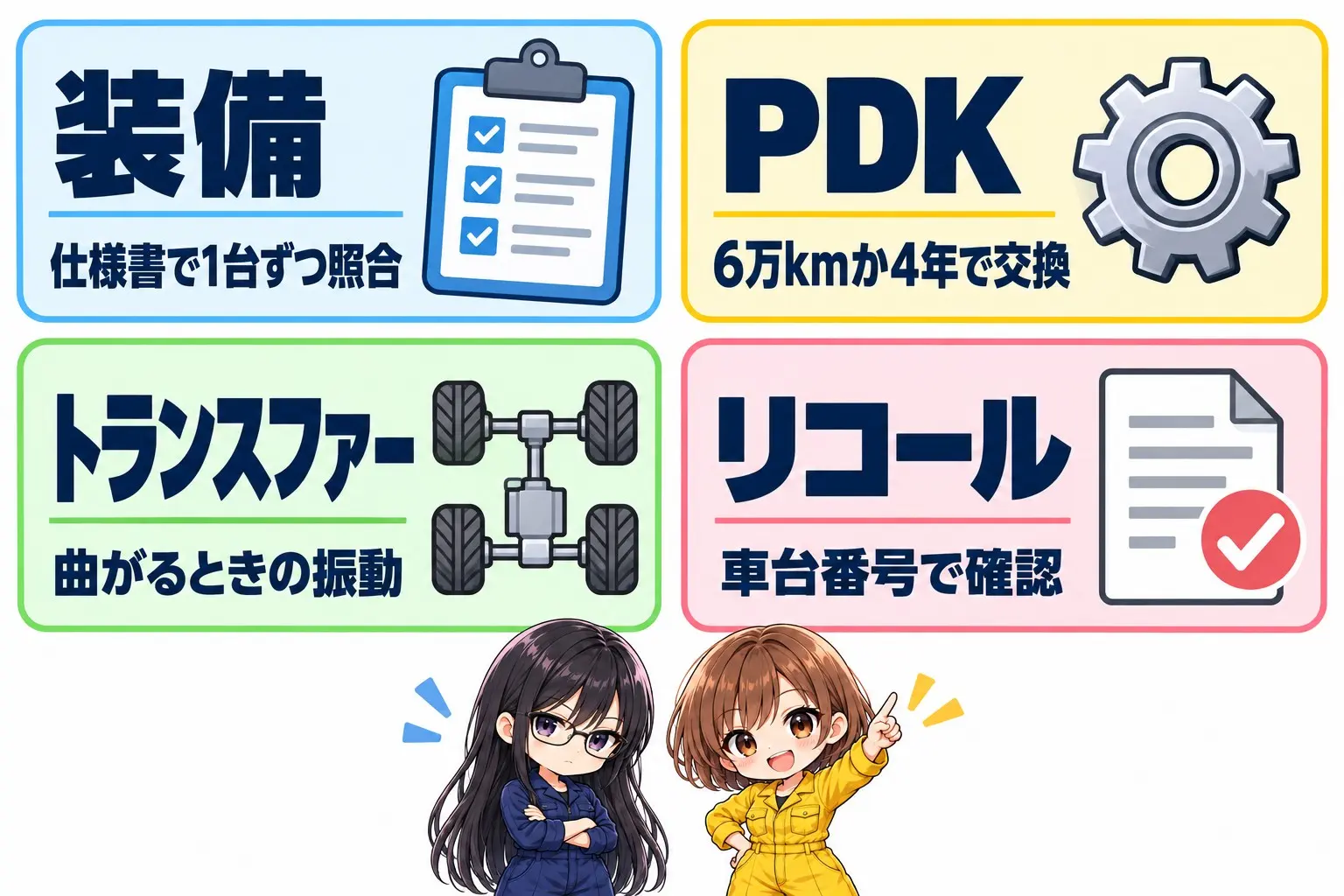 ポルシェ マカンの中古で見るところの図解。4つの箱。①装備＝仕様書で1台ずつ照合 ②PDK＝6万kmか4年で交換 ③トランスファー＝低速で曲がるときの振動 ④リコール＝車台番号で確認。端に小さなキャラクター