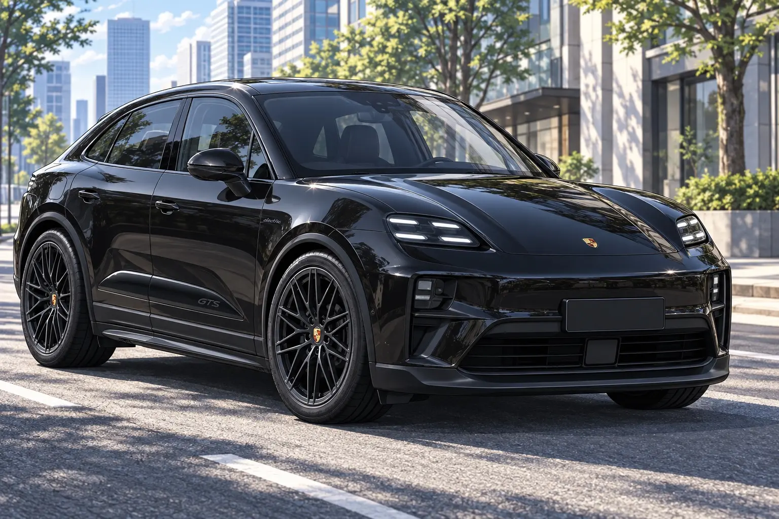 ポルシェ マカン エレクトリックを斜め前から見たカット。四分割のデイタイムランニングライトを持つコンパクトSUV