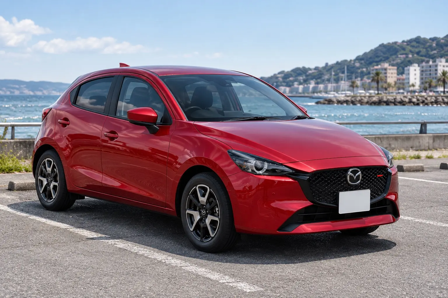 マツダ MAZDA2 15SPORT II（2025年改良後）の斜め前からの外観。ボディカラーはソウルレッドクリスタルメタリック。海沿いの街の駐車場に停まっている