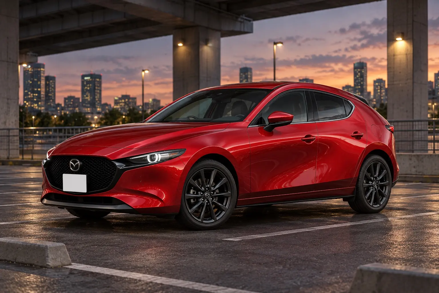 マツダ MAZDA3 ファストバック 25L(2026年改良後)の斜め前からの外観。ボディカラーはソウルレッドクリスタルメタリック。夕方の都市の高架下の駐車場に停まっている