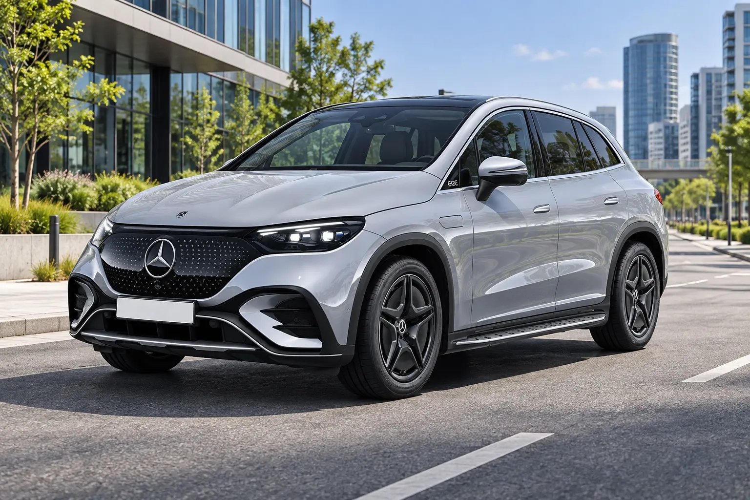 メルセデス・ベンツ EQE SUV（X294型）を斜め前から見た実車イラスト。黒いパネルのフロント、細くつながるLEDライト、丸みのある流れるようなボディ、面の少ないすっきりした側面