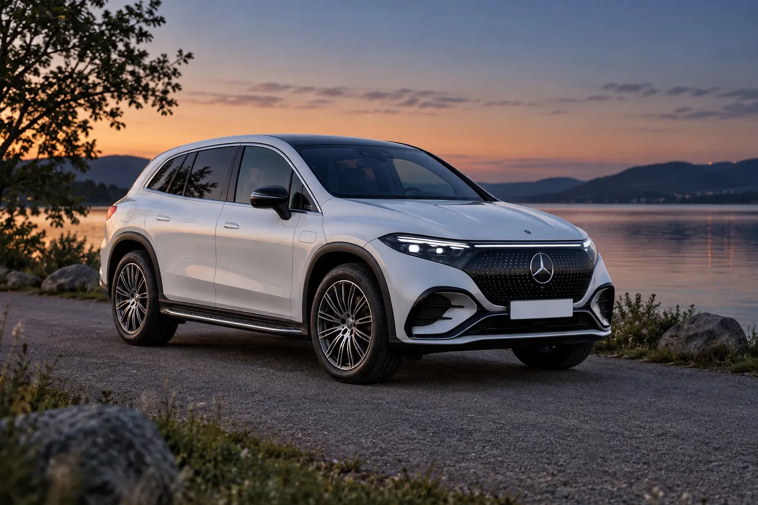 メルセデス・ベンツ EQS SUV（X296型）を斜め前から見た実車イラスト。白いボディ、黒いパネルのフロント、長いルーフ、夕暮れの水辺