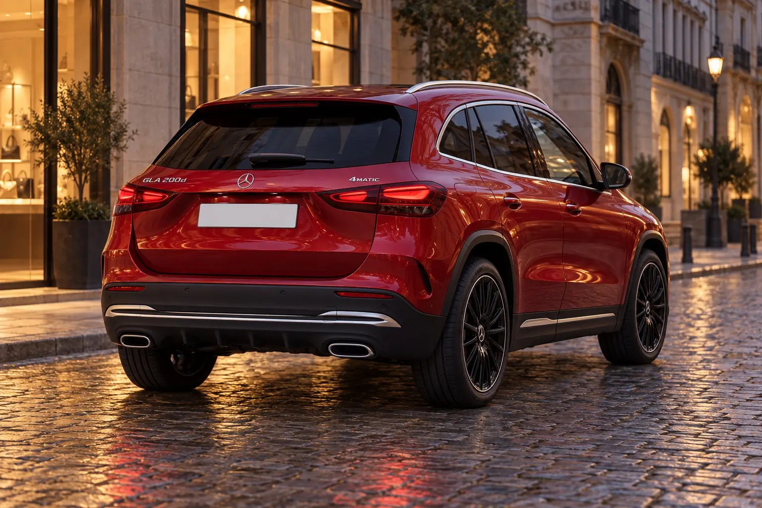 メルセデス・ベンツ GLA（H247型・後期）を斜め後ろから見た実車イラスト。赤いボディ、横長のLEDテールランプ、黒い20インチのAMGホイール