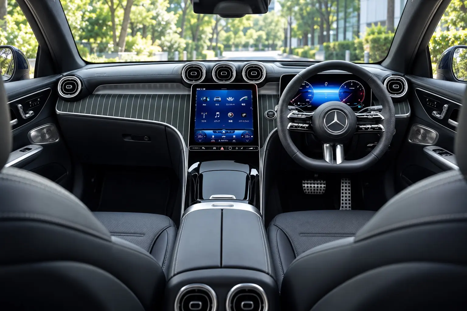 メルセデス・ベンツ GLC（X254型）のコックピットの実車イラスト。縦長の中央の画面、横長のメーター、丸い吹き出し口、本革のステアリング