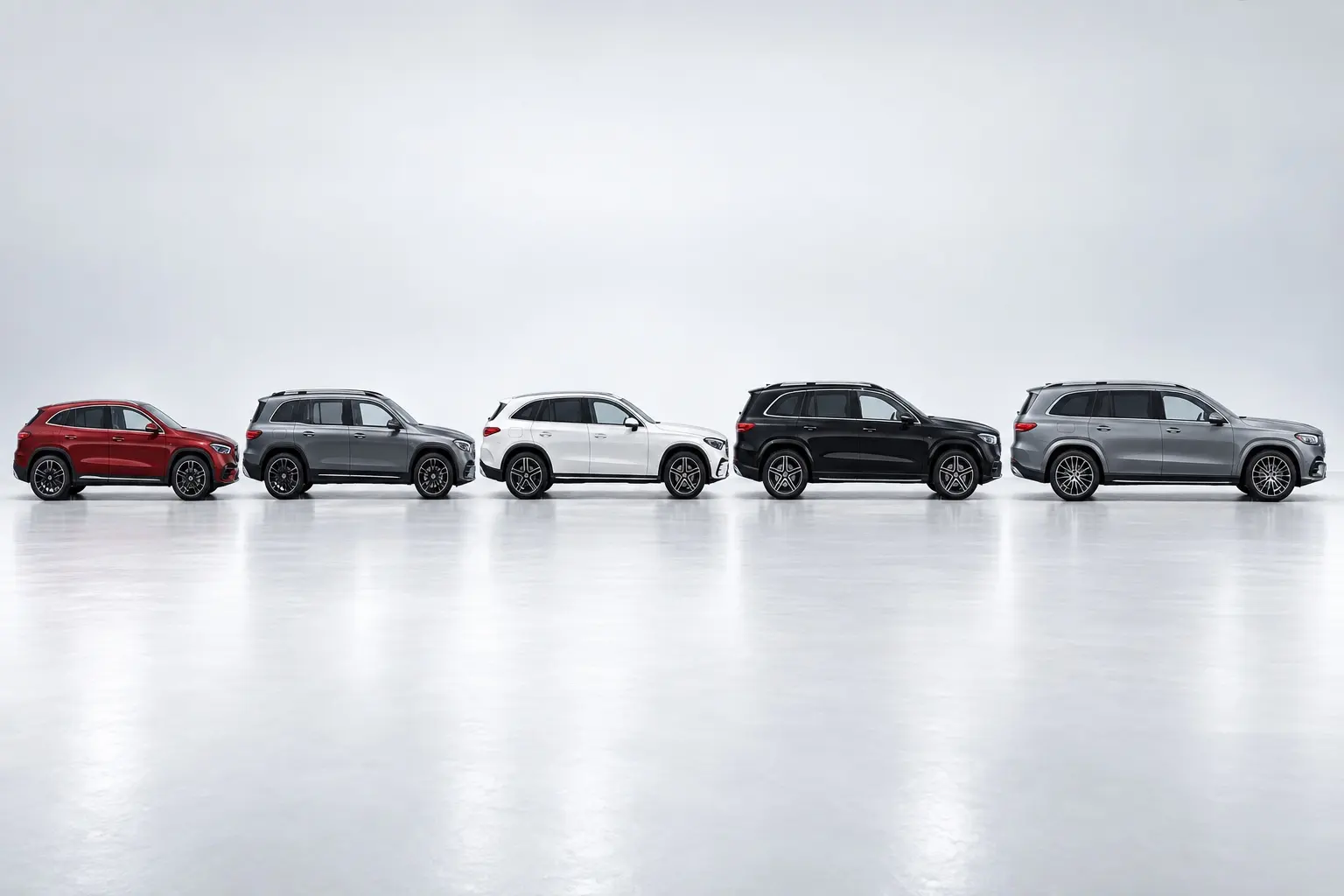 メルセデス・ベンツのSUV（GLA・GLB・GLC・GLE・GLS・Gクラス・EQE SUV）を小さい順に並べたカット