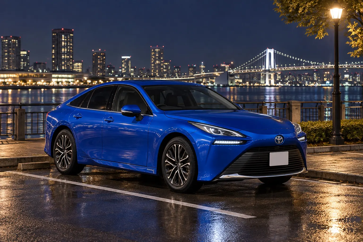 トヨタ MIRAI Z(2026年モデル)の斜め前からの外観。ボディカラーはフォースブルーマルティプルレイヤーズ。都市の夜の水辺の遊歩道沿いの駐車スペースに停まっている