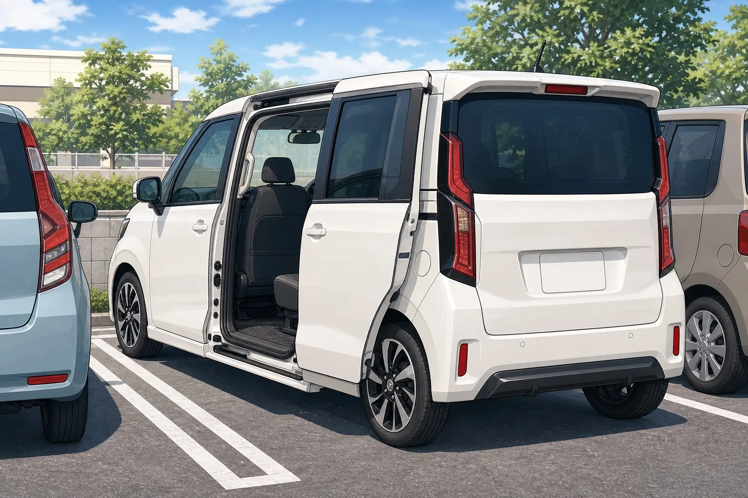 駐車場で助手席側のスライドドアを開けた7代目ダイハツ ムーヴのリア。両隣に車が停まった状態でも乗り降りできるスライドドアの様子