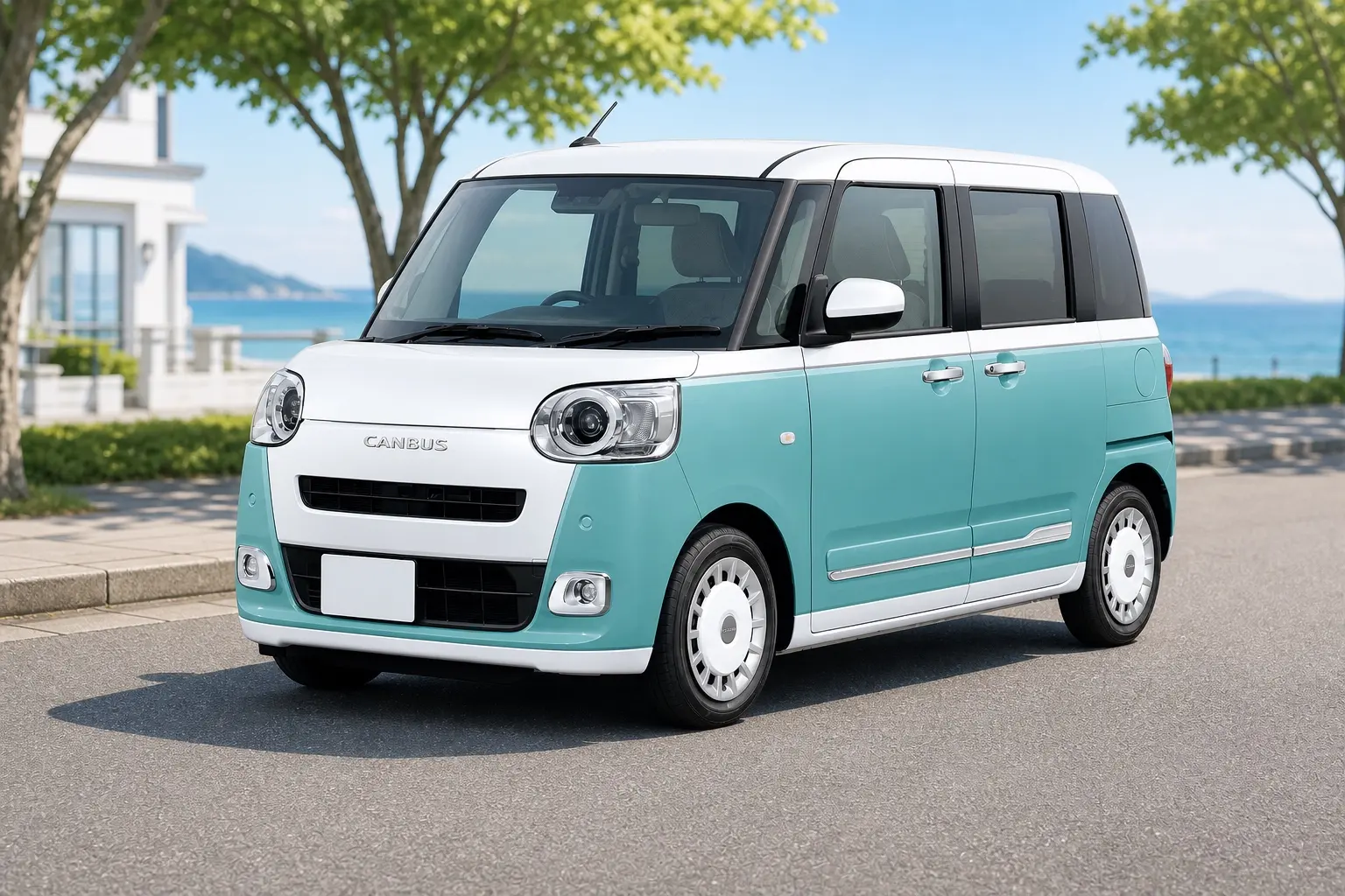 ダイハツ ムーヴ キャンバス ストライプスの斜め前からの外観。2トーンのボディカラーとスライドドアが分かるカット