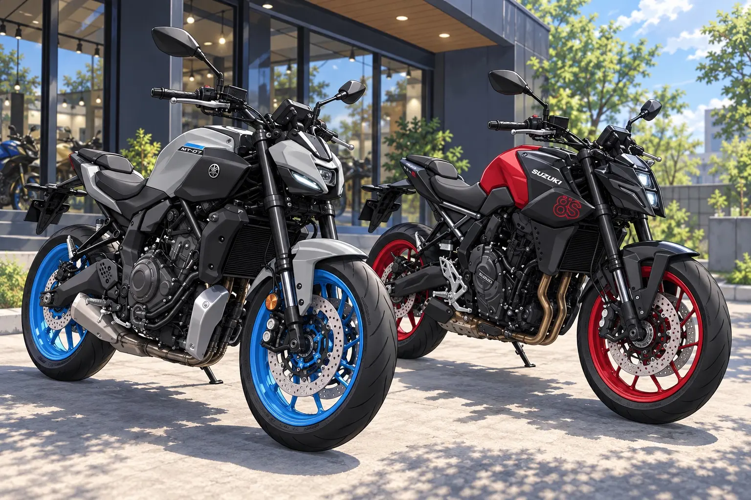 ヤマハ MT-07(青)とスズキ GSX-8S(黒×青)を並べた斜め前からのカット。どちらもカウルの無いネイキッド