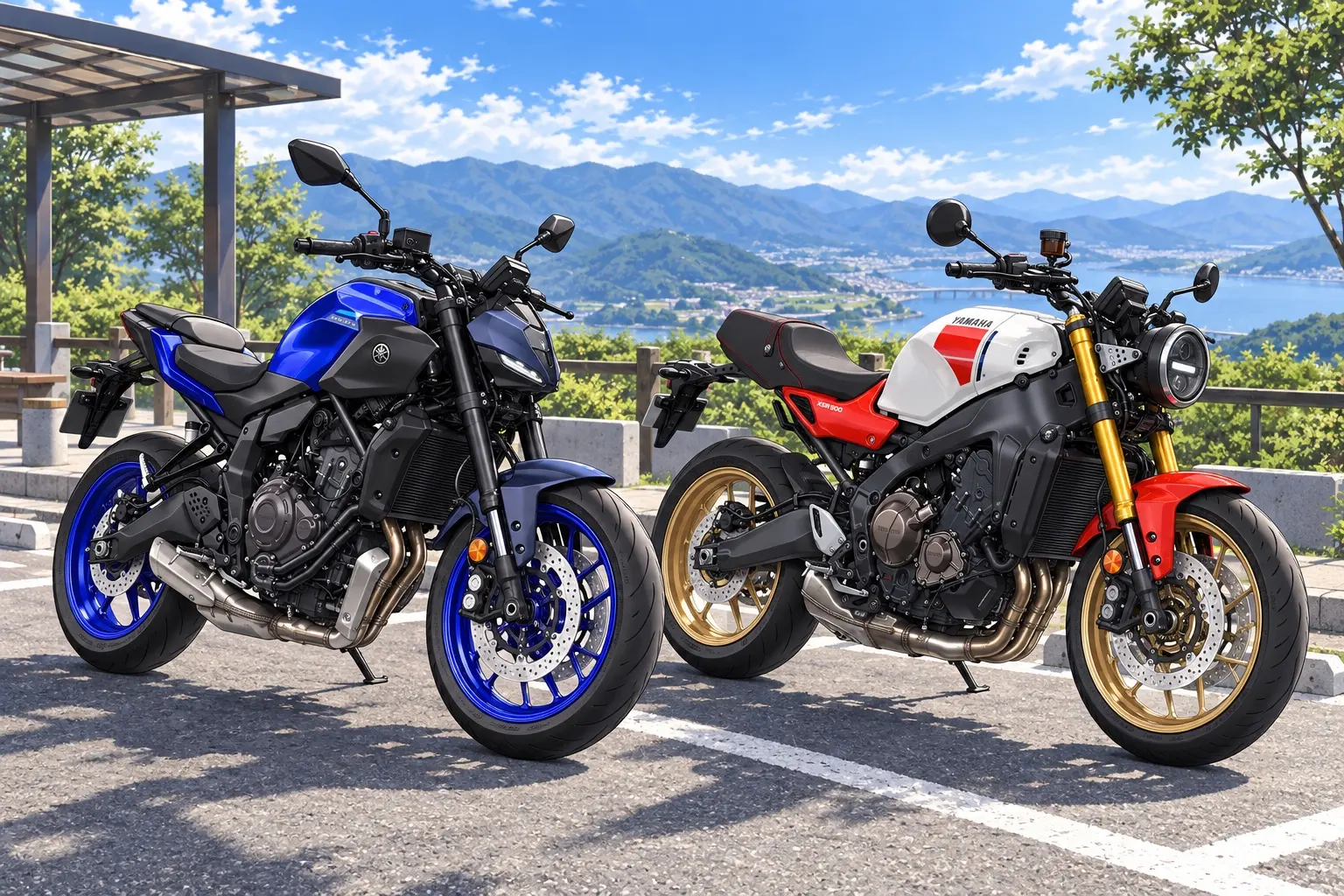 ヤマハ MT-07(青)とXSR900(黒)を並べた斜め前からのカット。MT-07は現代的なネイキッド、XSR900は丸型LEDのネオクラシック