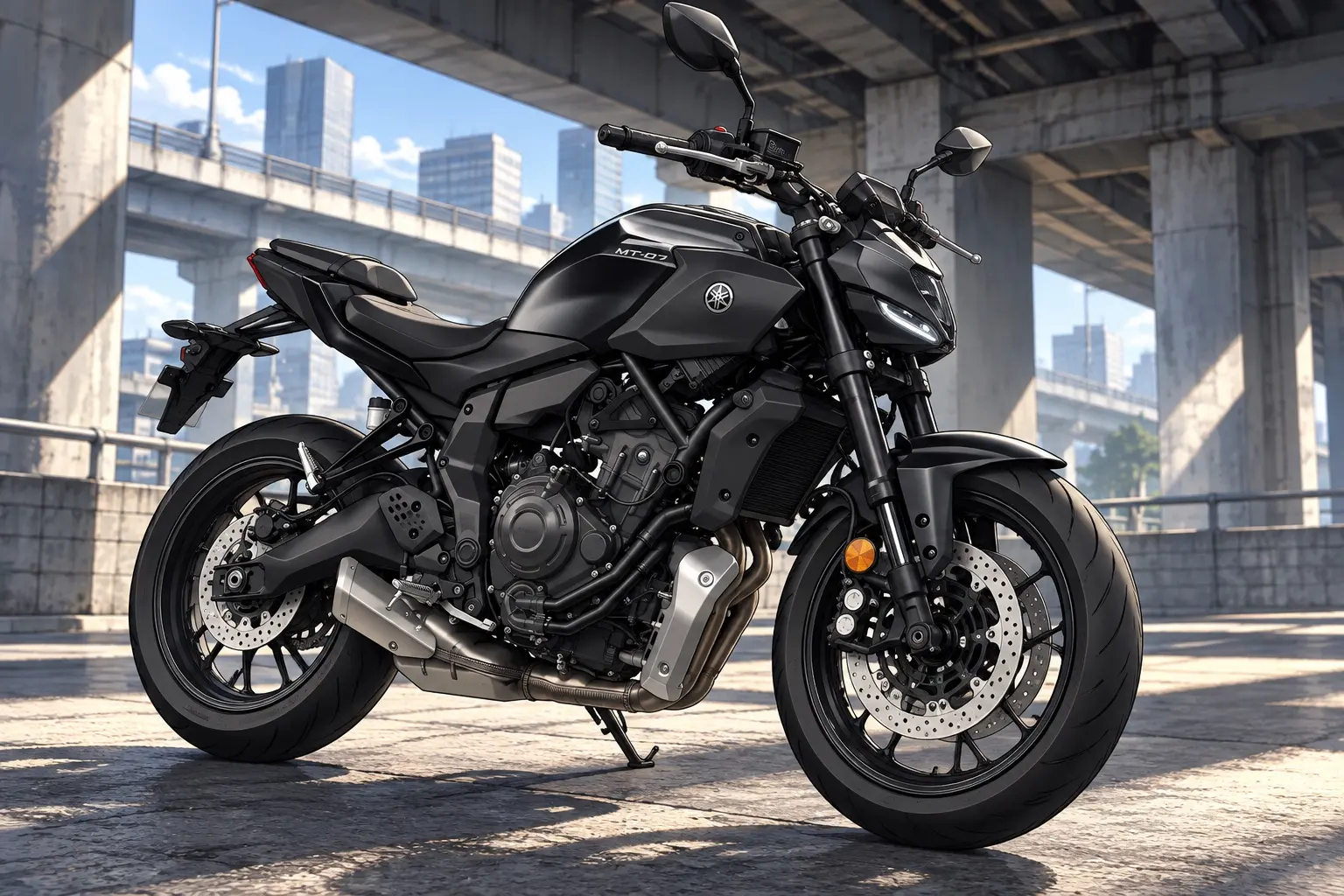 ヤマハ MT-07を斜め前から見たカット。ディープパープリッシュブルーメタリックの車体、倒立フォーク、LEDヘッドライト