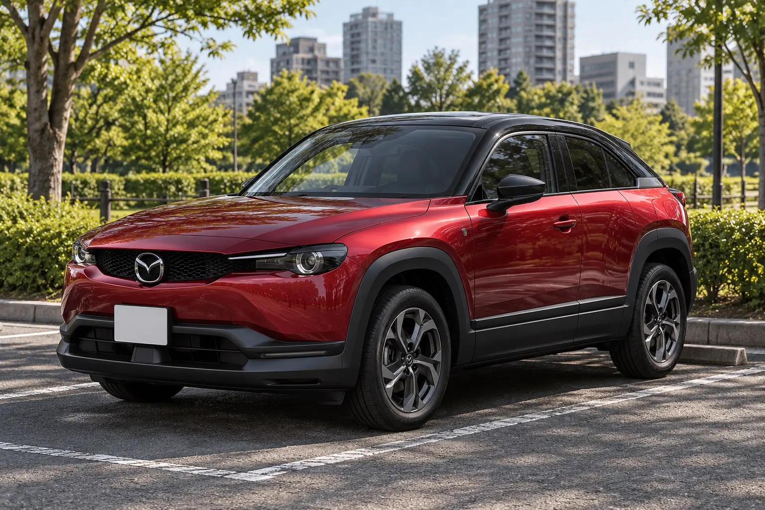 マツダ MX-30 ROTARY-EV Natural Monotoneの斜め前からの外観。ボディカラーはソウルレッドクリスタルメタリックの2トーン。都市の公園のそばの駐車場に停まっている