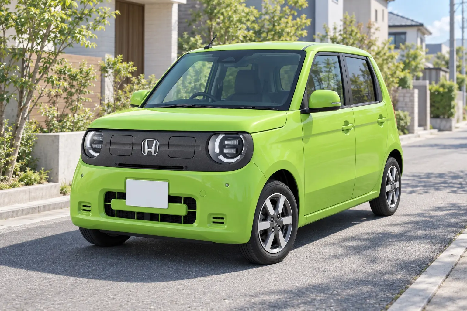 ホンダ N-ONE e:(e:L)の斜め前からの外観。丸い2灯のヘッドライト、縦に細長いグリル、平らなボンネット、14インチのアルミホイールが分かるカット。ボディカラーはチアフルグリーン(明るい黄緑)。日本の住宅街の道路、晴れた日の午前の光