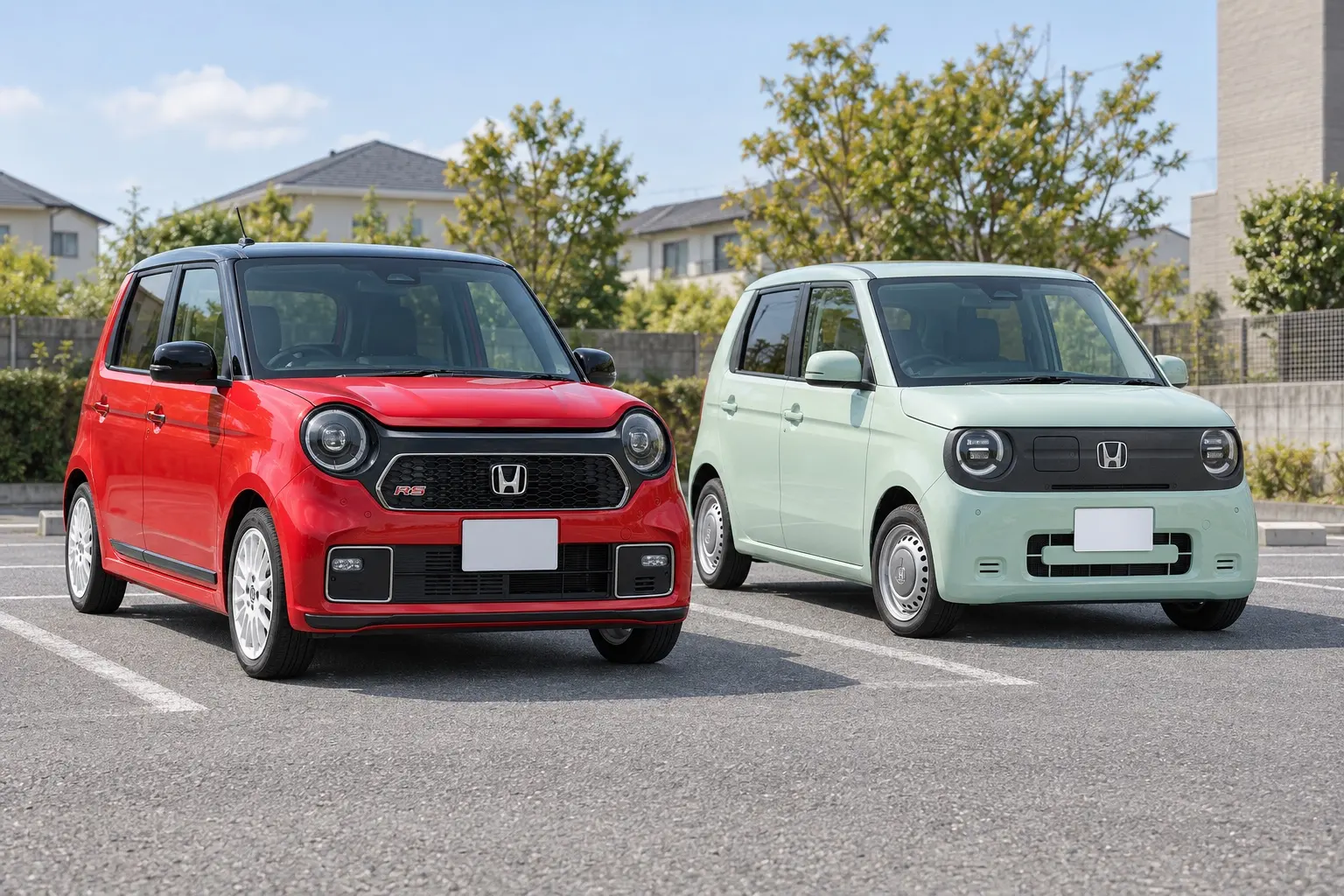 ホンダ N-ONE（ガソリン）とN-ONE e:を左右に並べた斜め前からの外観。左はN-ONE RS（フレームレッド＆ブラック）、右はN-ONE e:（チアフルグリーン）。同じ丸いヘッドライトと低いボディが分かるカット