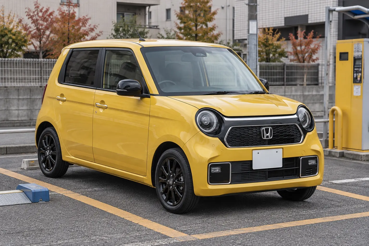 ホンダ N-ONE Premium Tourerの斜め前からの外観。丸いヘッドライト、メッキのグリル、光沢のある黒い15インチアルミホイール。ボディカラーはオータムイエロー・パール。街中の駐車場に停まっている