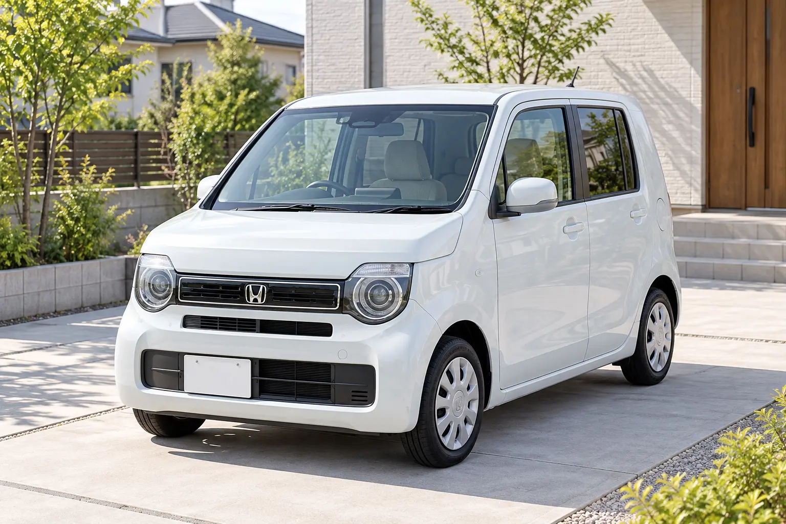 ホンダ N-WGN（標準車）Lの斜め前からの外観。シンプルなグリルと丸みのあるヘッドライト、14インチのフルホイールキャップ。ボディカラーはプラチナホワイト・パール。住宅街の駐車場に停まっている