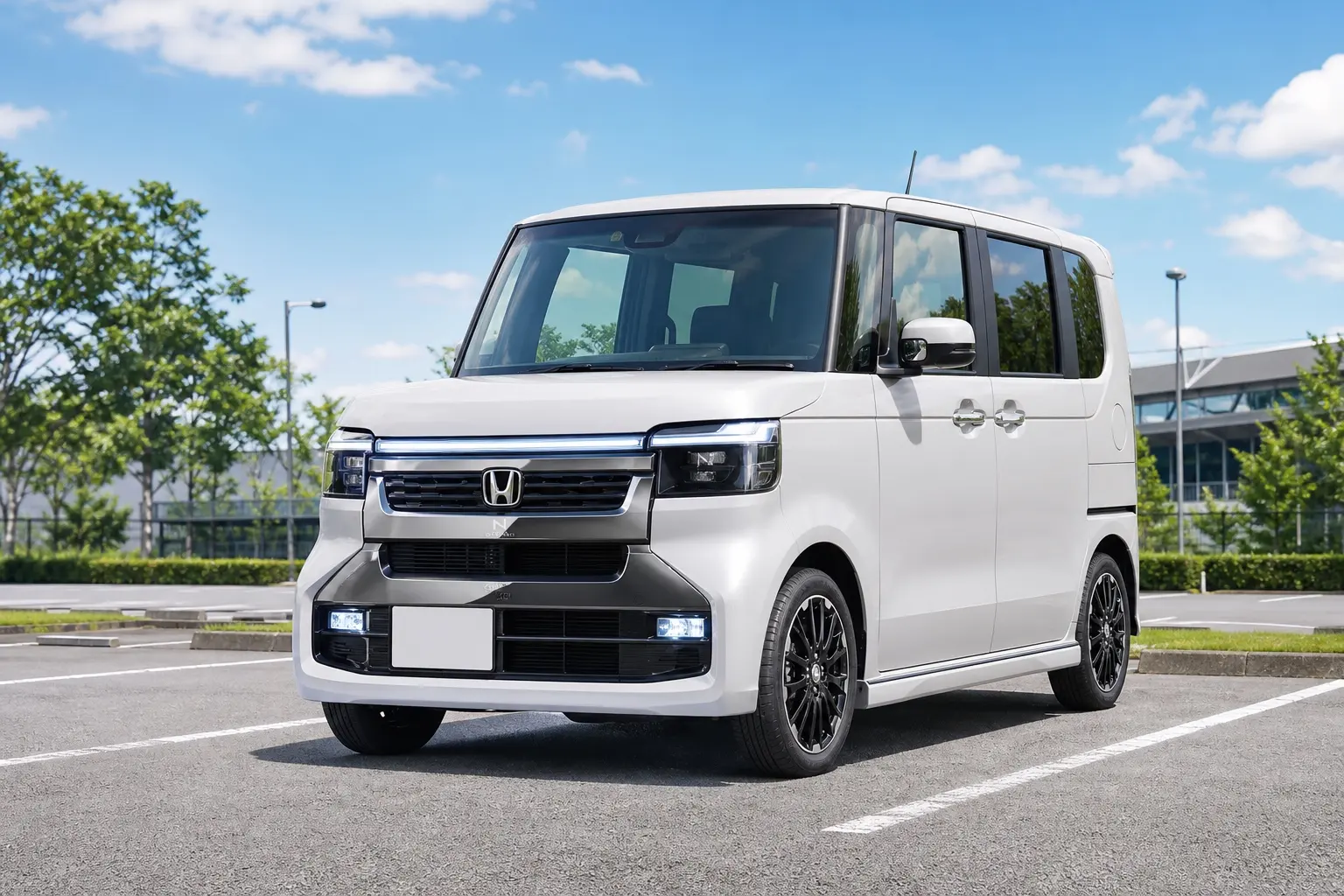 白いホンダ N-BOX CUSTOM(3代目)を斜め前から捉えた外観カット。横一文字のフロントまわりと両側スライドドアが分かる