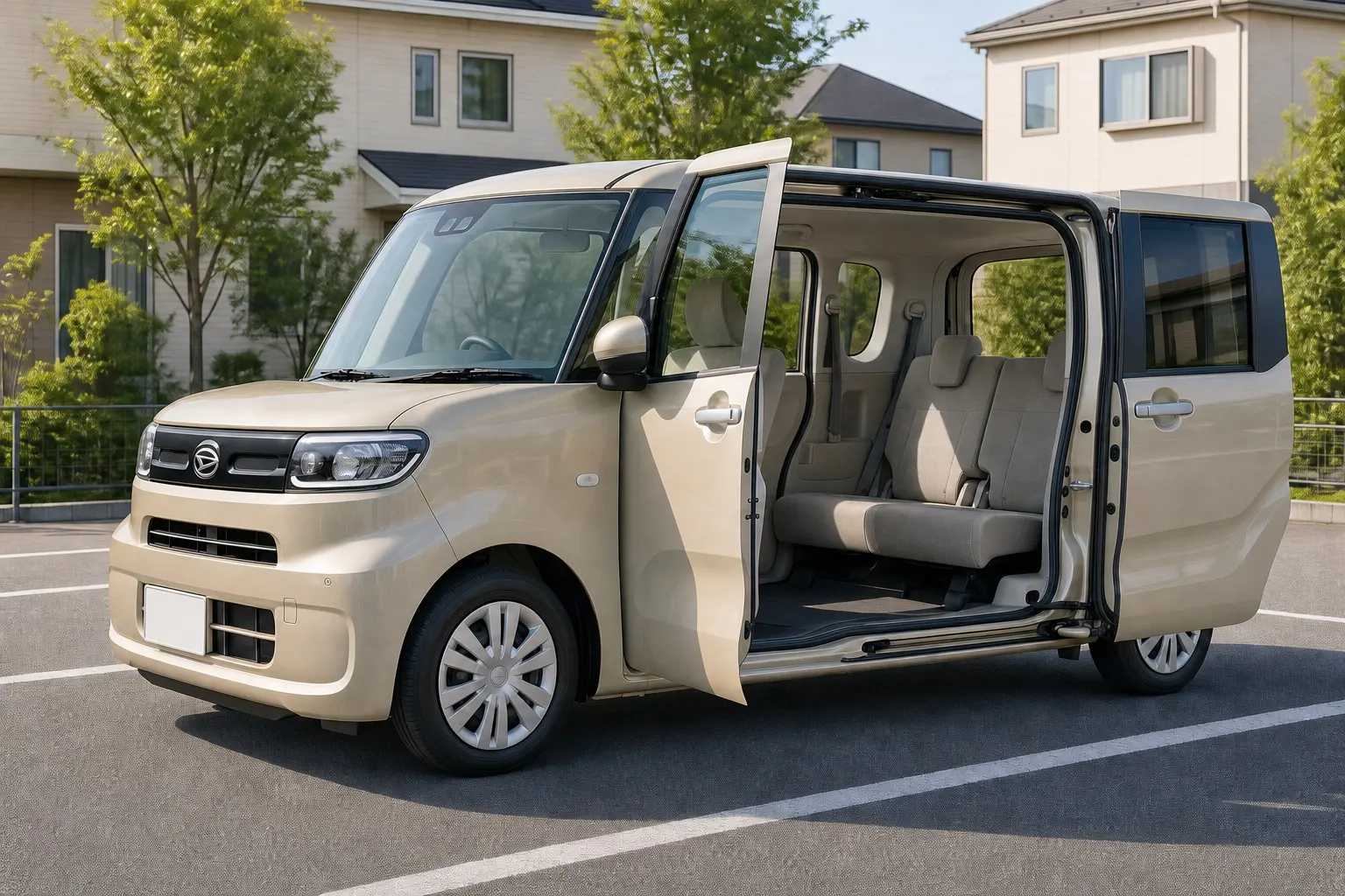 ベージュ系のダイハツ タント標準車(4代目)を左斜め前から捉えた外観カット。左側の前後ドアを開けて、柱の無い大きな開口が分かる
