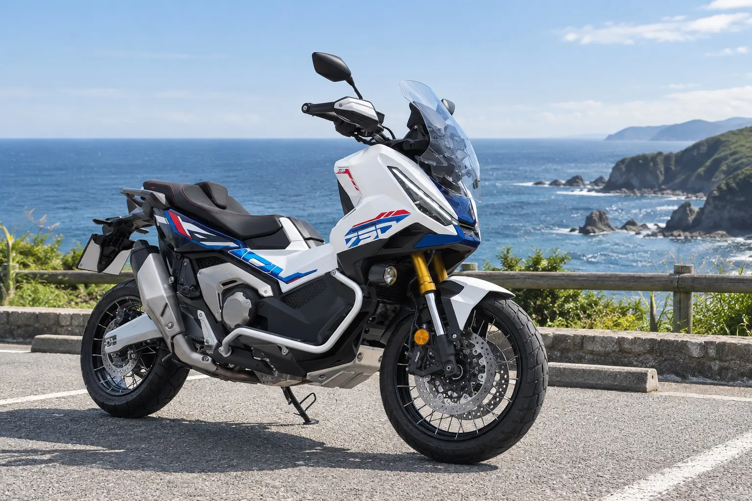 ホンダ X-ADVを斜め前から見たカット。白い車体に赤と青の線、鋭いLEDヘッドライト、高いスクリーン、金色のフロントフォーク、前17インチのスポークホイール