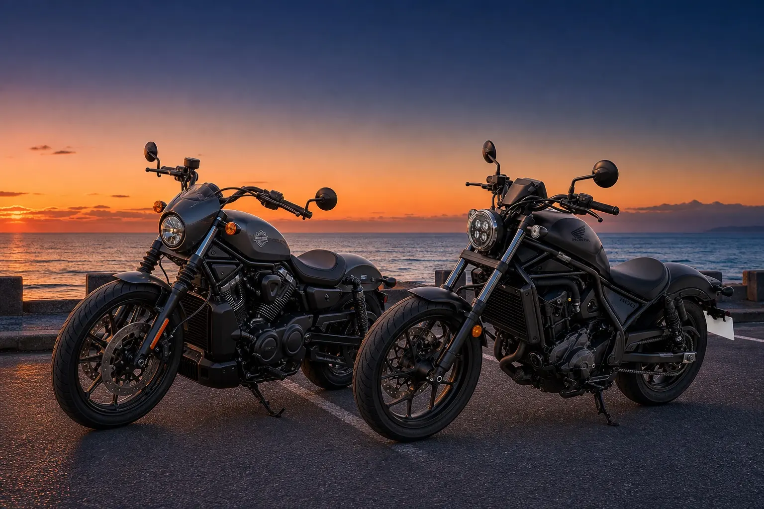 ハーレーダビッドソン ナイトスターとホンダ レブル1100を並べて斜め前から見たカット。ナイトスターはダークグレー、レブル1100はマットブラック。夕暮れの海沿いの駐車場を背景に