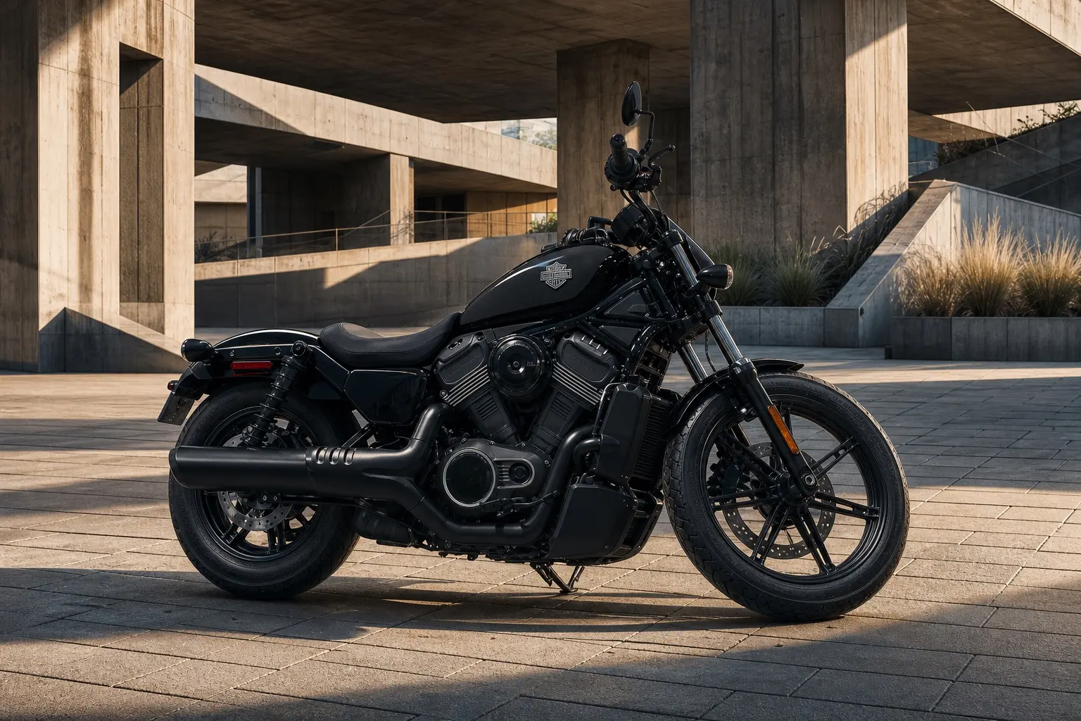 黒いハーレーダビッドソン ナイトスターを斜め前から捉えた外観カット。水冷Vツインエンジン、丸いエアインテークカバー、シート下タンクによる低く短い車体が分かる