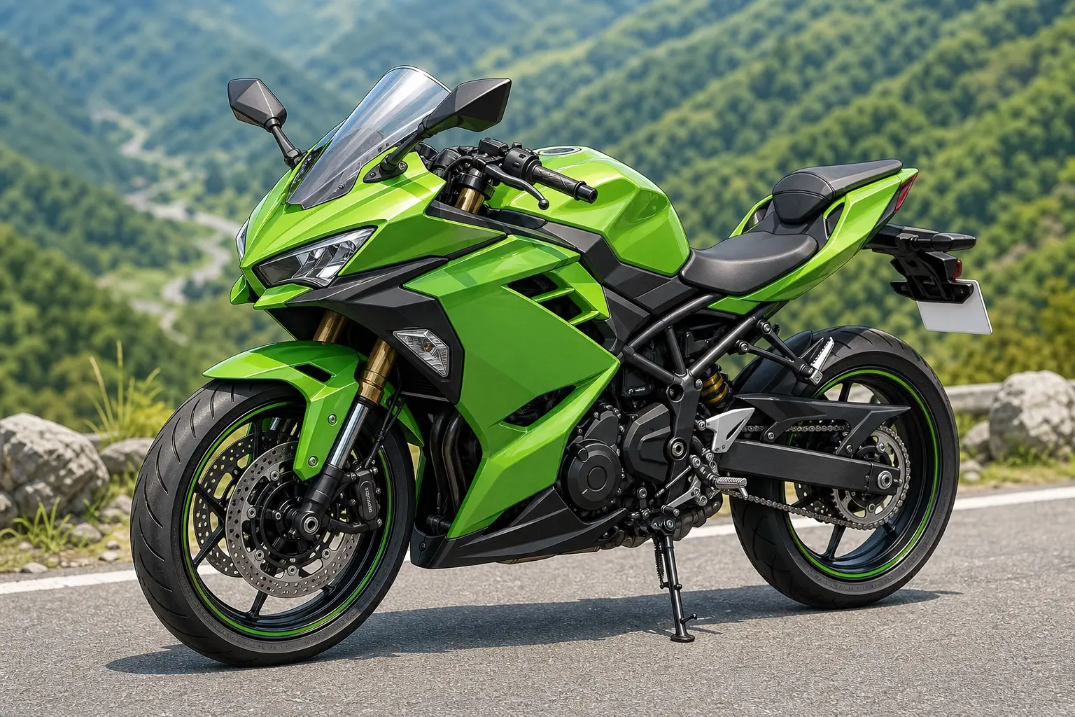 カワサキ Ninja 400の実車。シャープなフルカウルと吊り目のLEDヘッドライトを備えたスポーツバイクを斜め前から見たカット