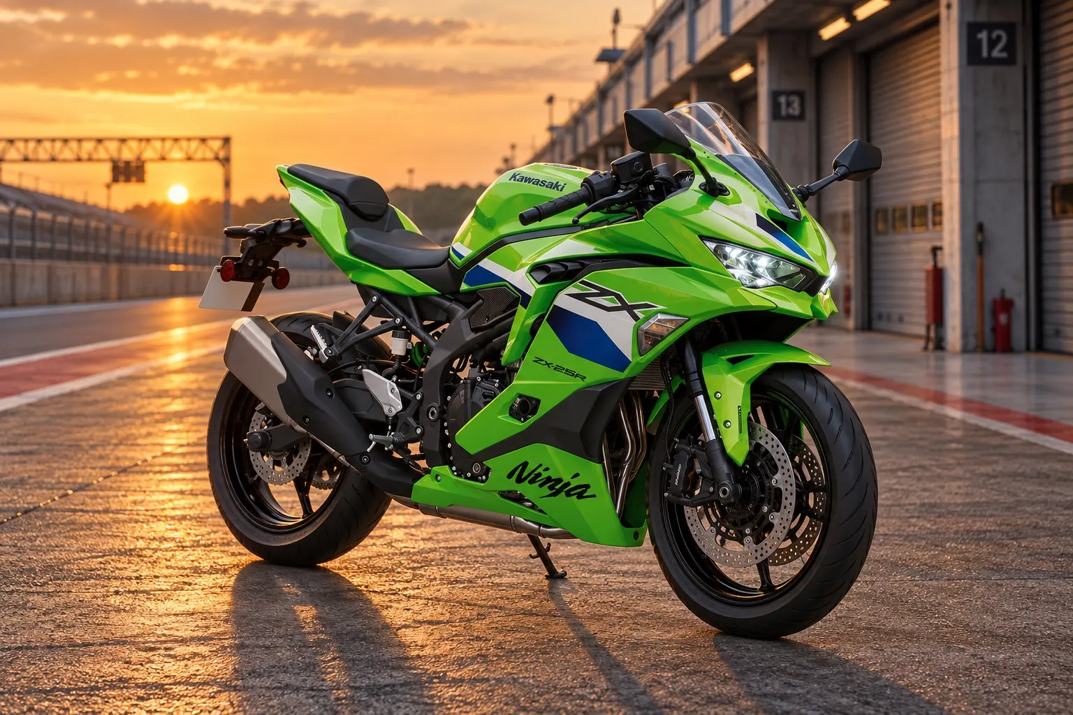 カワサキ Ninja ZX-25R RRを斜め前から見たカット。ライムグリーンのフルカウル、LEDヘッドライト、倒立フォーク