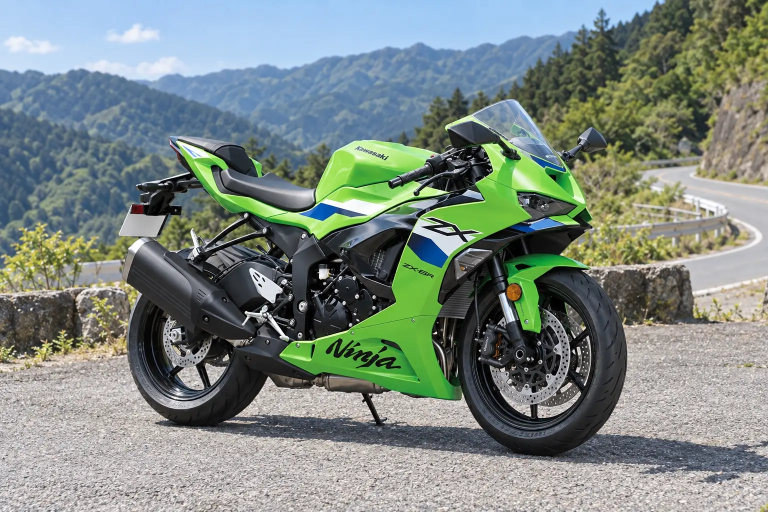 カワサキ Ninja ZX-6Rを斜め前から見たカット。ライムグリーンのフルカウル、細く鋭いLEDヘッドライト、低いスクリーン、セパレートハンドル、黒いホイール