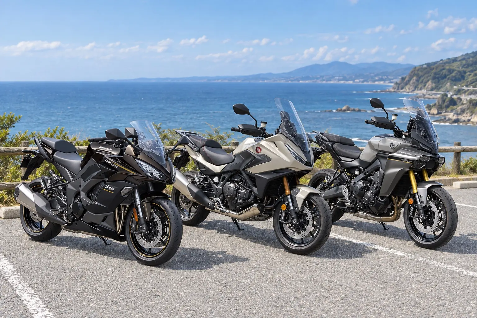 カワサキ Ninja 1100SX、ホンダ NT1100、ヤマハ TRACER9 GTを並べたカット。左から黒と灰色のNinja 1100SX、グレーのNT1100、グレーのTRACER9 GT。海沿いの道の駐車スペースに斜め前向きで並ぶ