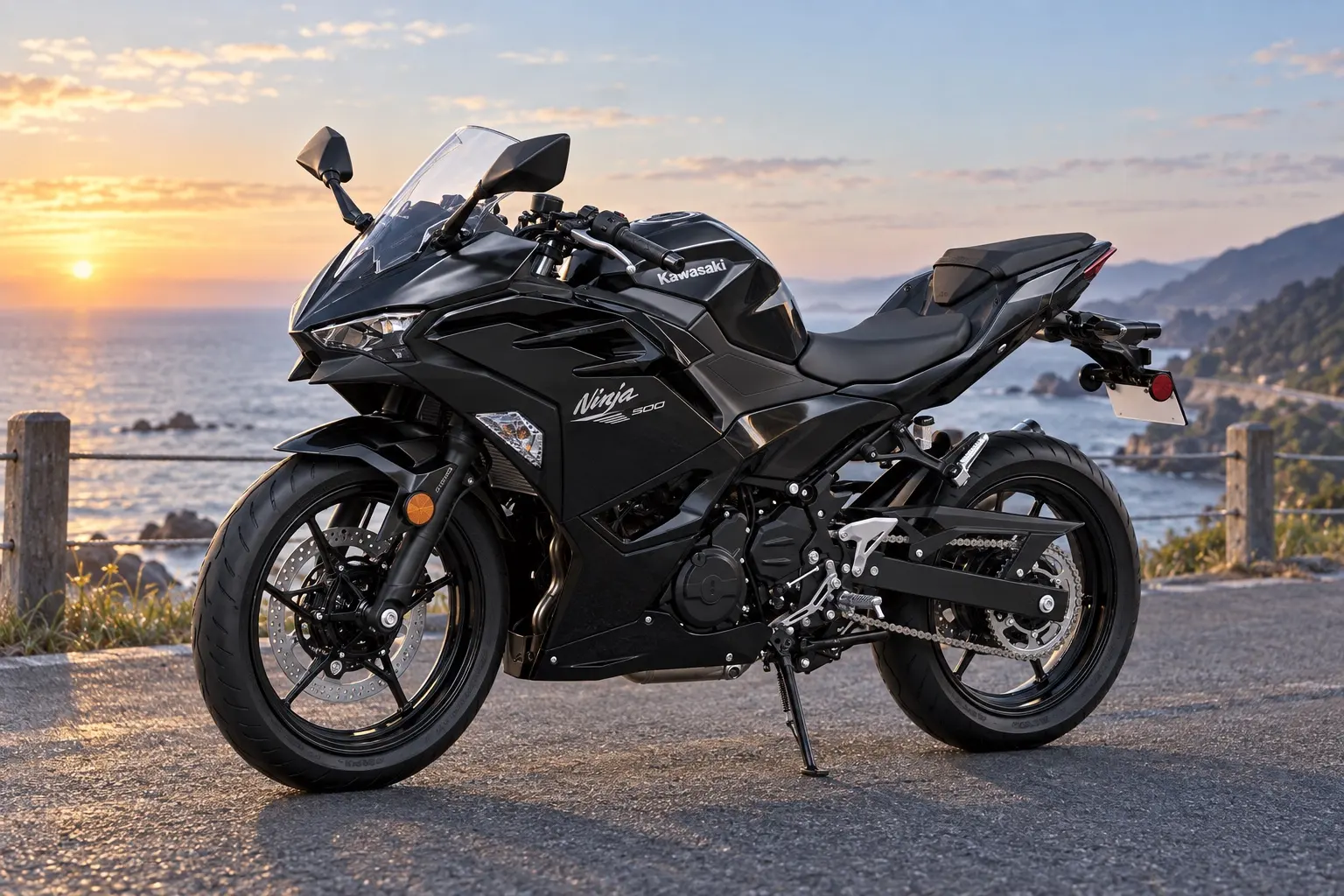 カワサキ Ninja 500を斜め前から見たカット。黒のフルカウル、デュアルLEDヘッドライト、セパレートハンドル、並列2気筒エンジン