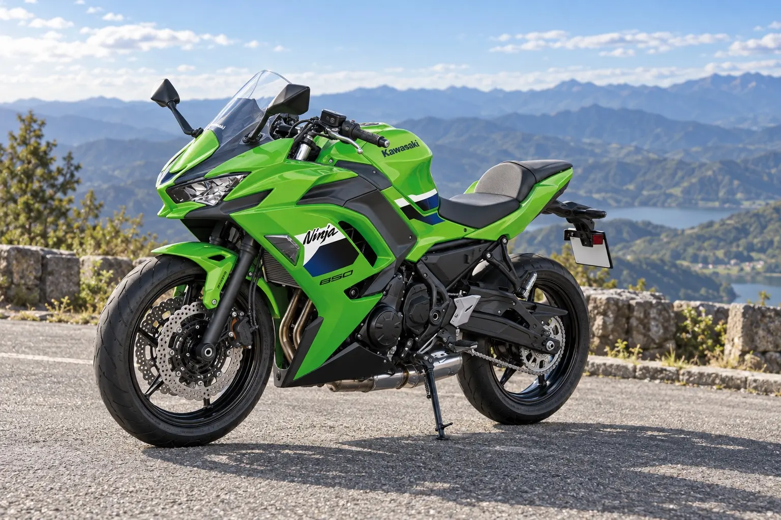 カワサキ Ninja 650を斜め前から見たカット。ライムグリーンのフルカウル、LEDヘッドライト、並列2気筒エンジン