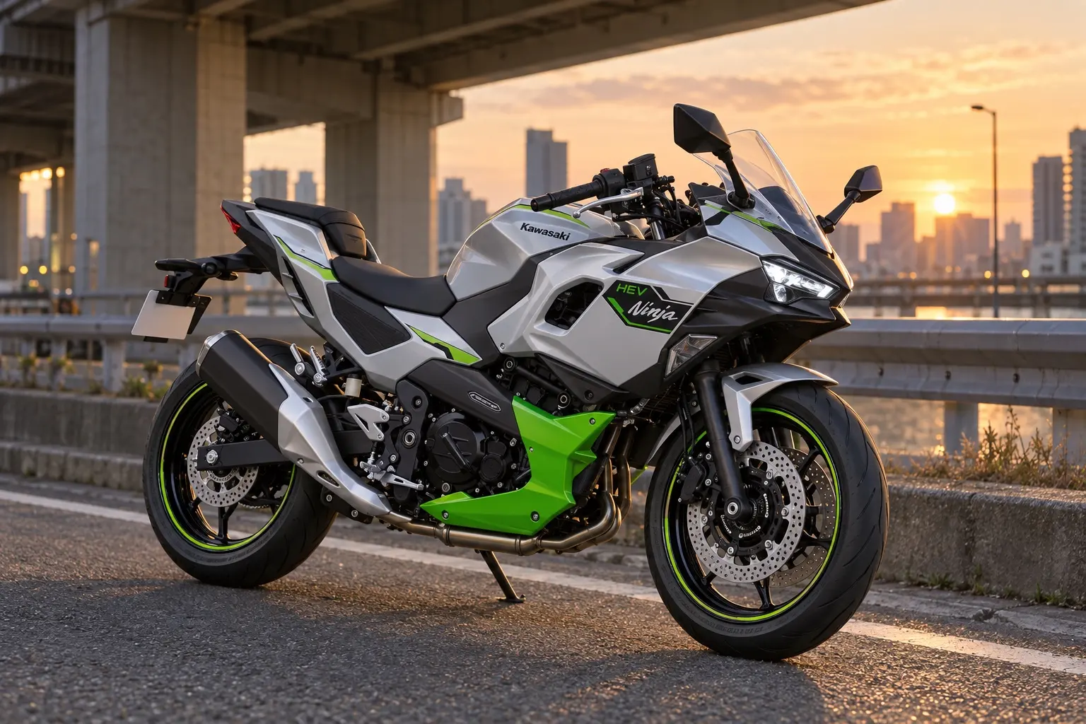 カワサキ Ninja 7 Hybridを斜め前から見たカット。シルバーとマットのライムグリーンのフルカウル、鋭い2眼のLEDヘッドライト、前後17インチのホイール