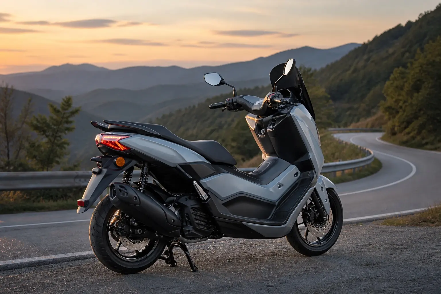 ヤマハ NMAX155の斜め後ろからの外観。ライトブルーイッシュグレー。夕方のワインディングの路肩