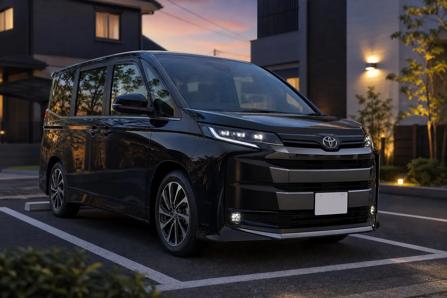 トヨタ ノア（90系・2026年モデル）の斜め前からの外観。黒。夕方の住宅街の駐車場