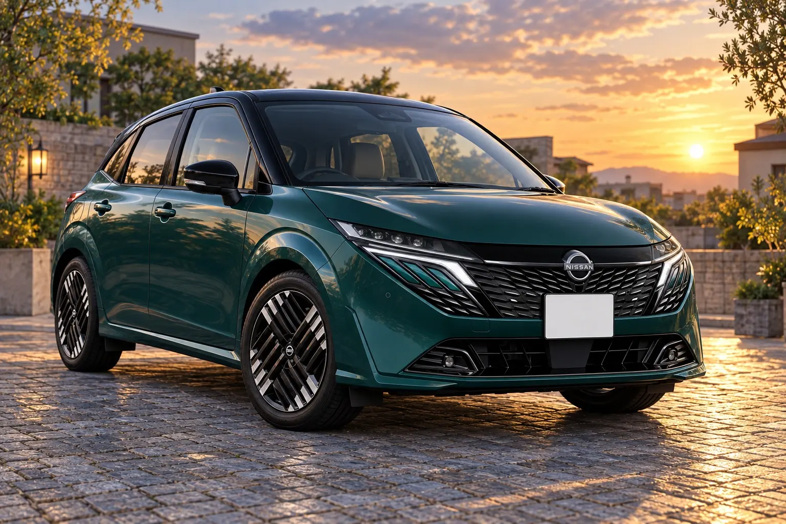 日産 ノート オーラの斜め前からの外観。細いヘッドランプと横に広いグリル、17インチアルミホイールが分かるカット