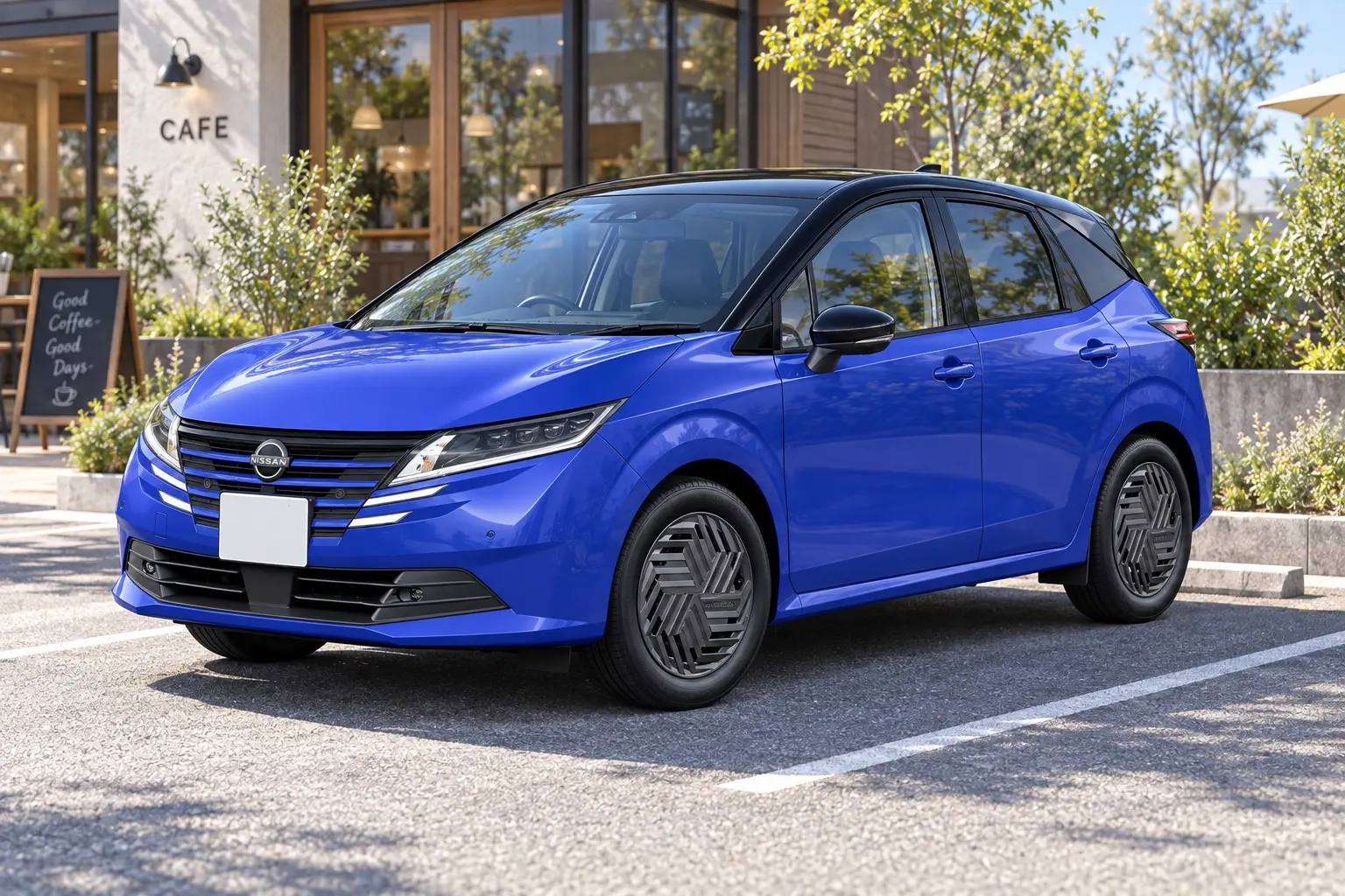 日産 ノートの斜め前からの外観。スミレとミッドナイトブラックの2トーン、16インチのホイールカバーが分かるカット