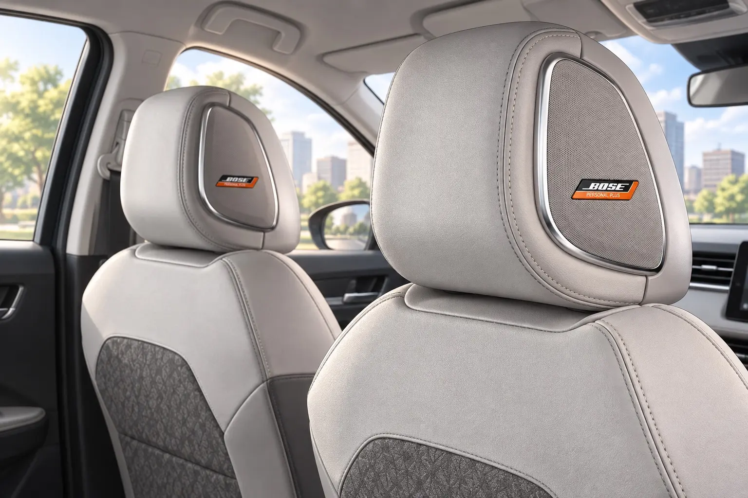 日産 ノート オーラの前席。ヘッドレストの左右にBOSEのスピーカーを内蔵したシートのカット
