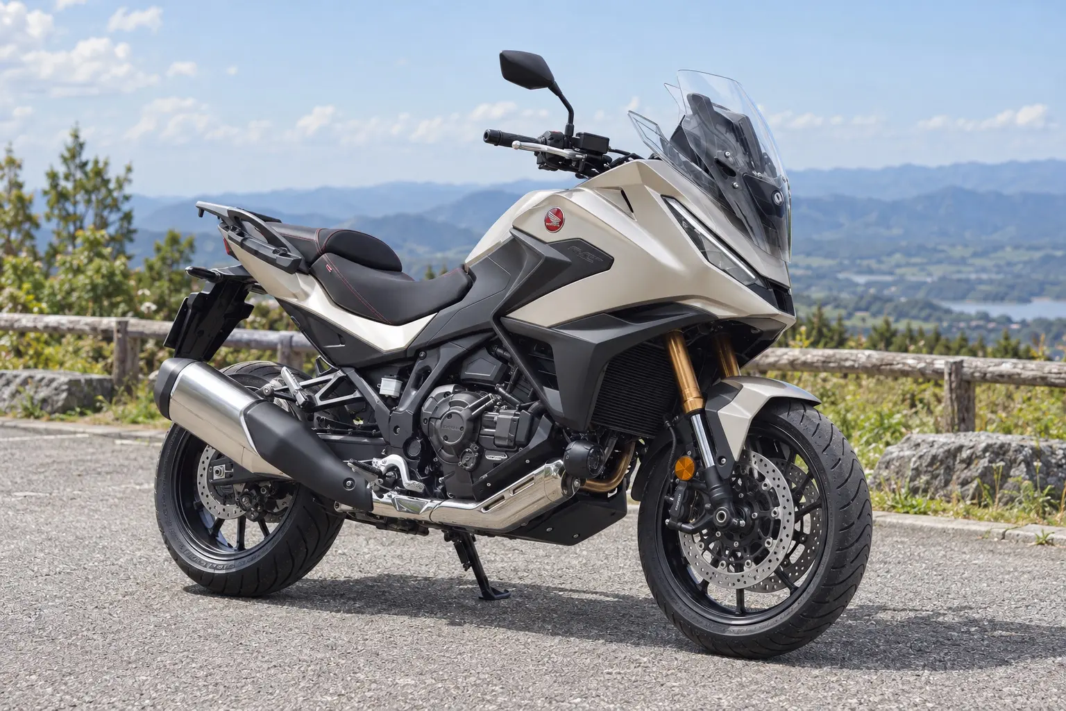 ホンダ NT1100を斜め前から見たカット。グレーのフルカウル、横に細長いLEDヘッドライトとDRL、背の高いスクリーン、幅の広いハンドル、大きなサイドカウル