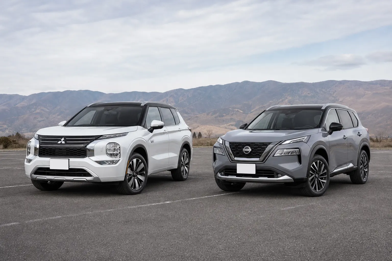 三菱 アウトランダーPHEVと日産 エクストレイルを並べて斜め前から見たカット。アウトランダーはホワイトダイヤモンド、エクストレイルはステルスグレー。屋外の広い駐車場を背景に