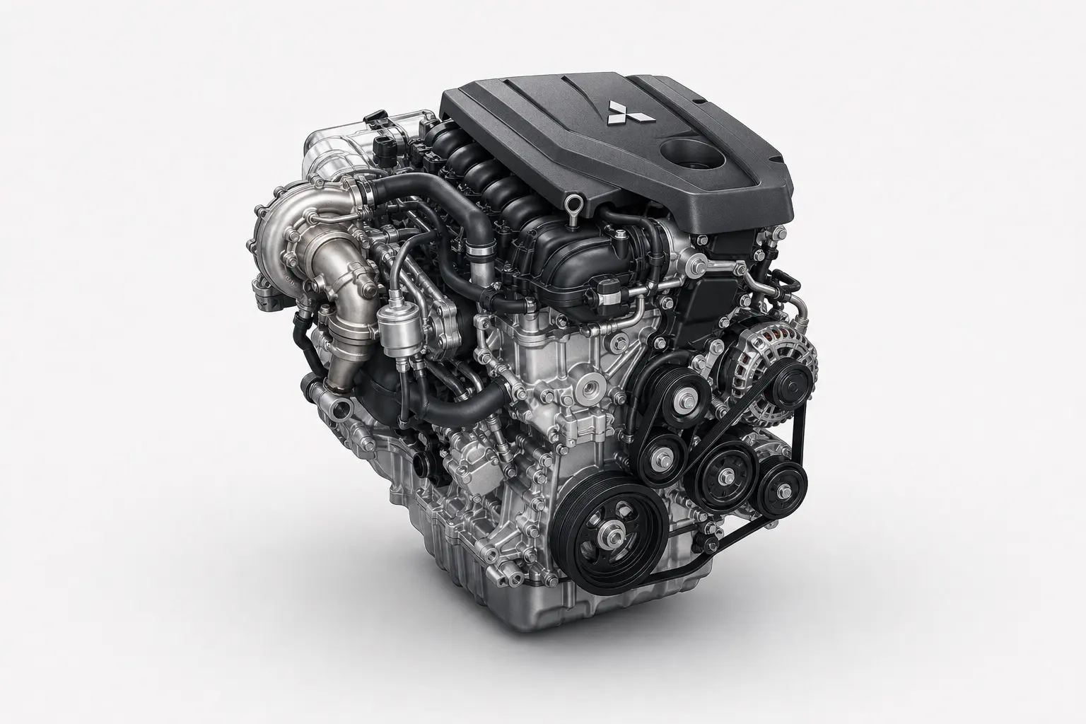 新型パジェロに搭載される2.4L直列4気筒クリーンディーゼルエンジンの単体写真。ターボチャージャーと補機類が見える