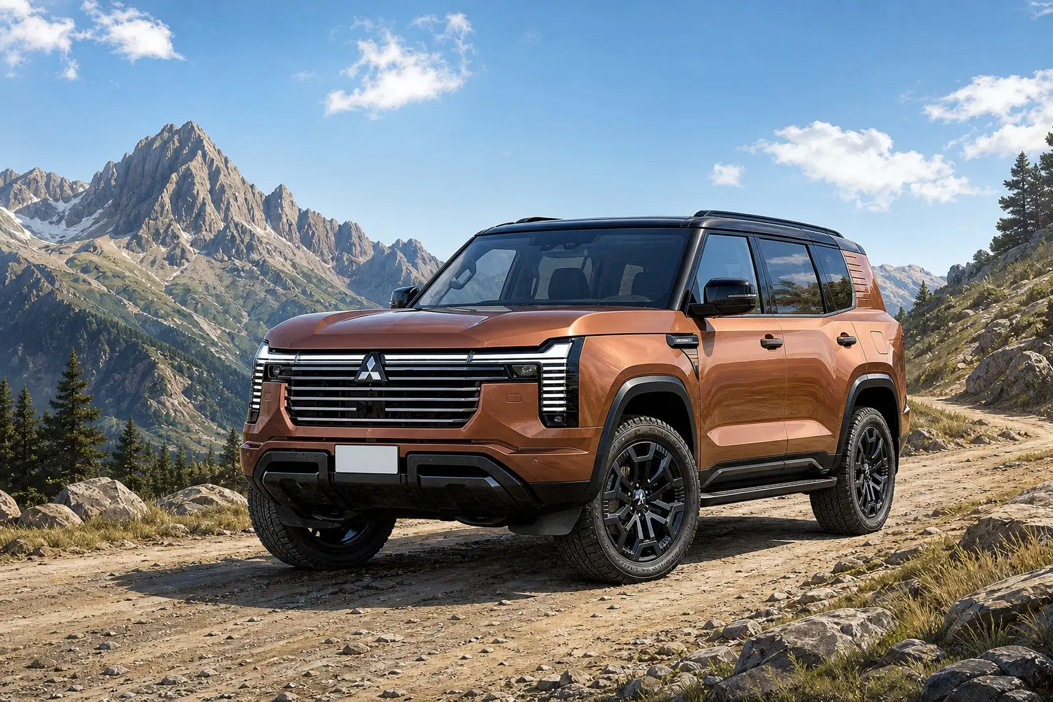 新型パジェロのフロントまわり。横に細い桟が並ぶグリルの左右に、T字型に光るヘッドライトが埋め込まれている