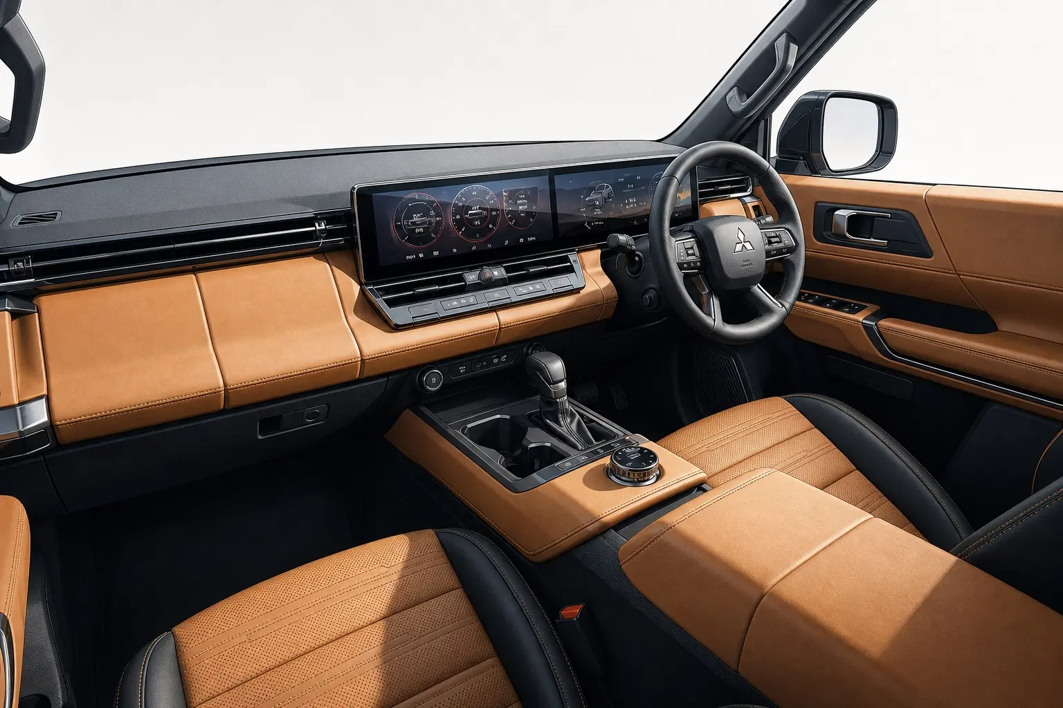 新型パジェロの運転席まわり。キャメルと黒の内装で、横長のディスプレイが2枚並び、その下に空調の物理スイッチが横一列に配置されている