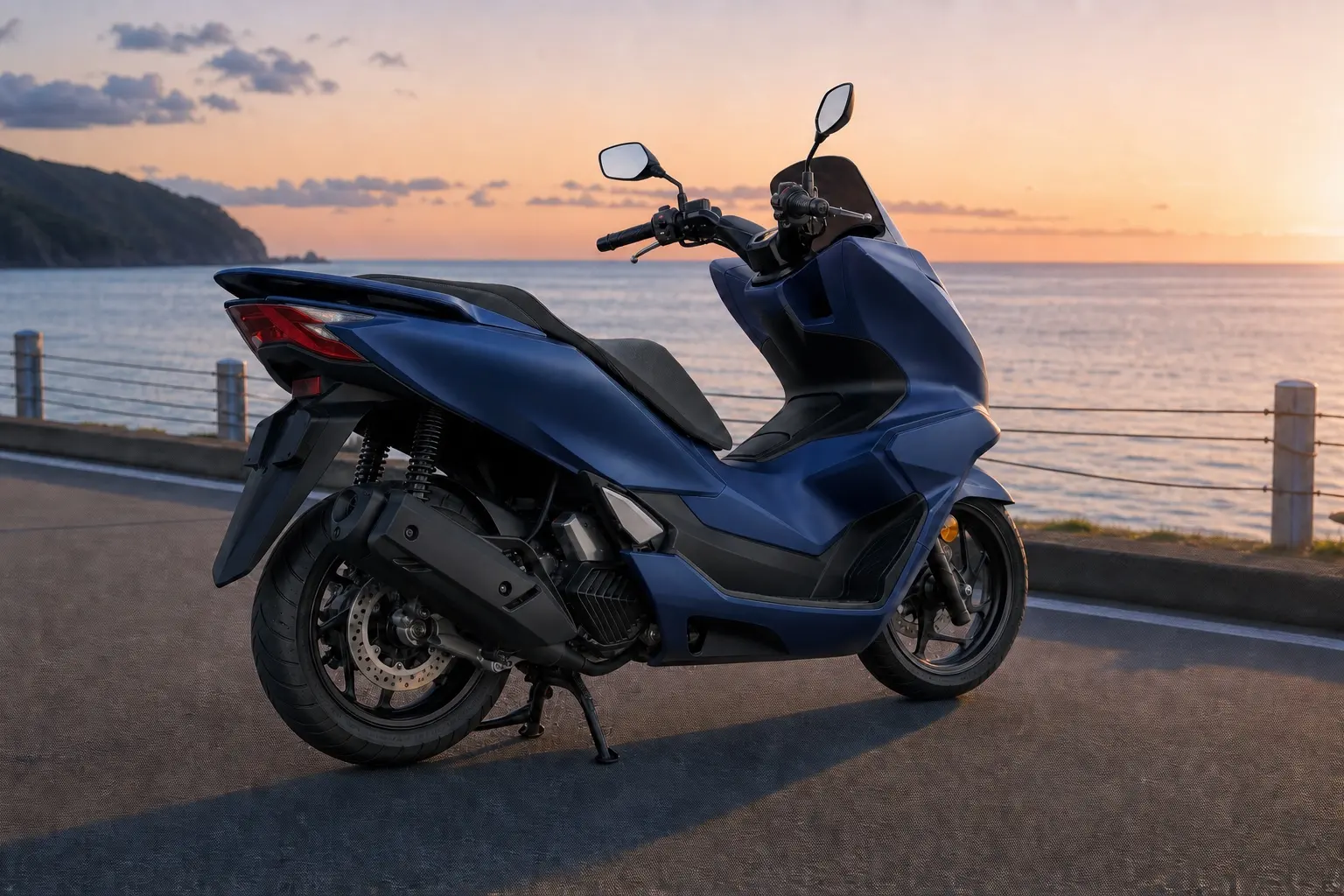 ホンダ PCX160の斜め後ろからの外観。マットスターリーブルーメタリック。海沿いの道の路肩