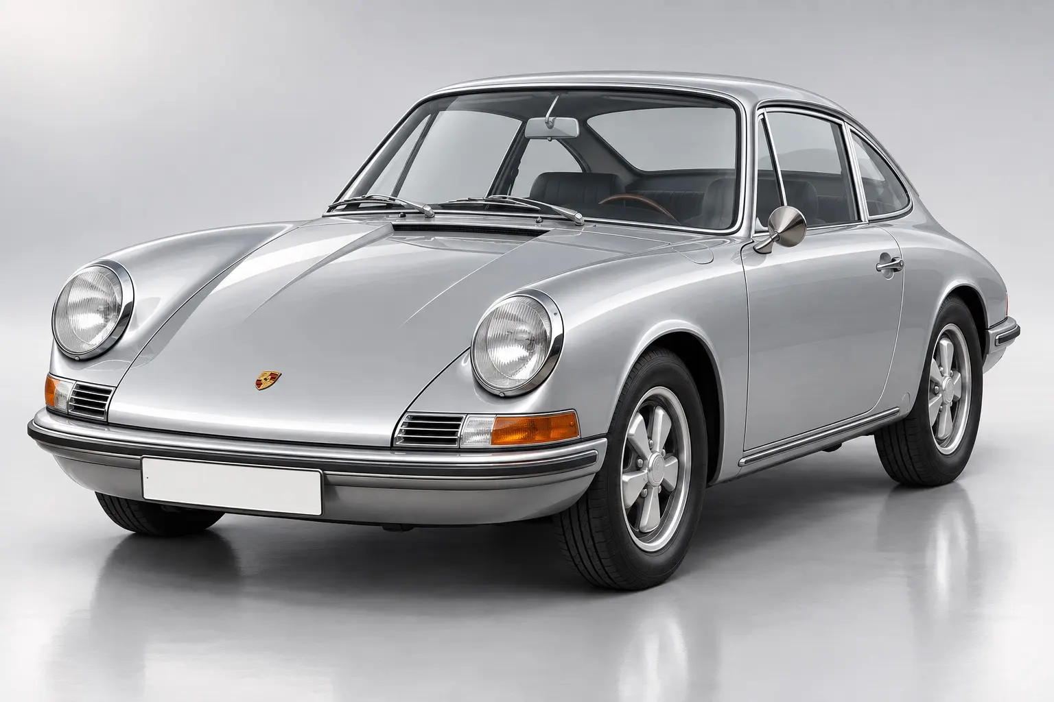 ポルシェ 初期911を斜め前から見たイラスト。丸型のヘッドライト、細いバンパー、小径のホイール。1960年代のスポーツカー。銀色のボディ