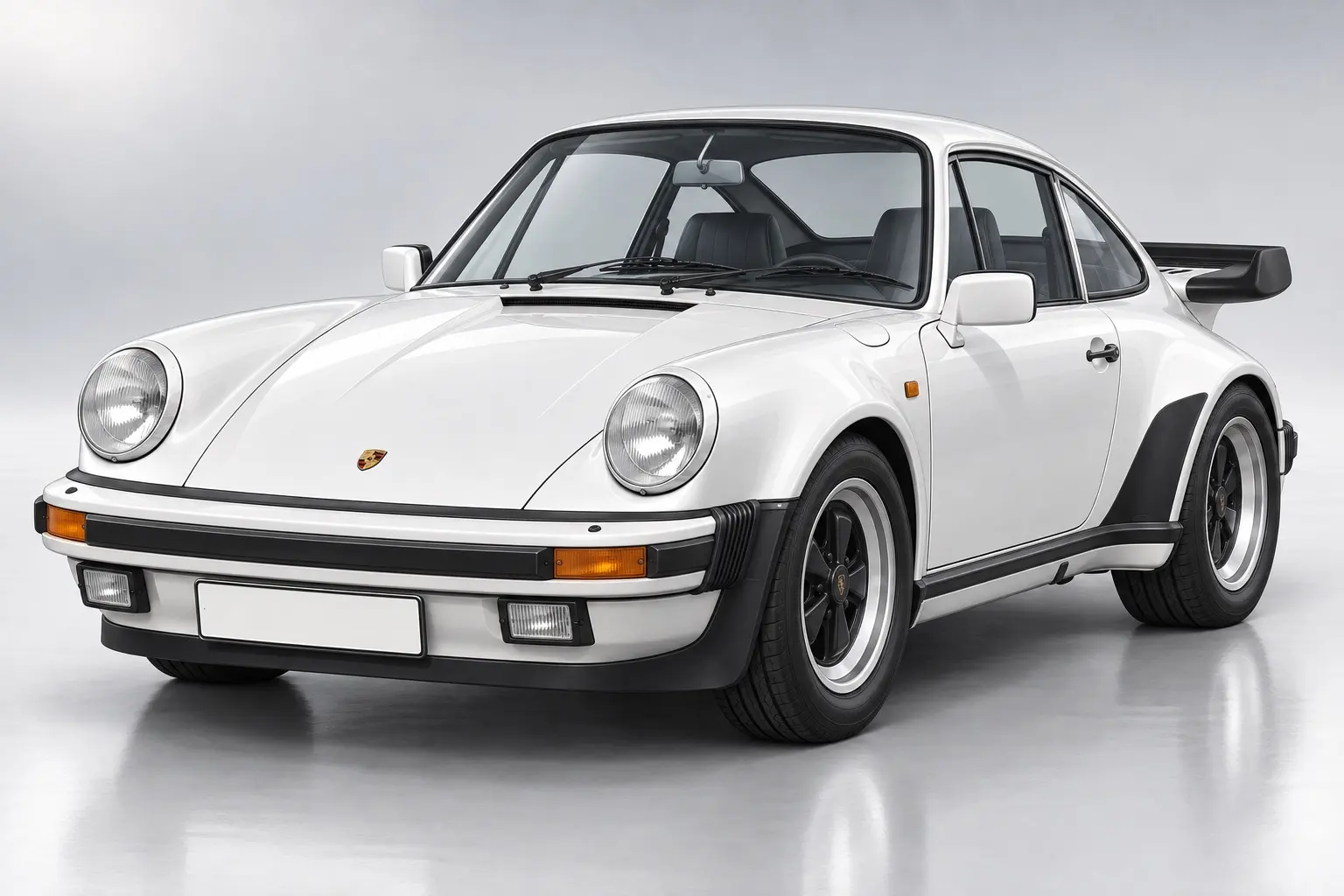 ポルシェ 911ターボ(Gモデル・930)を斜め前から見たイラスト。太く張り出したリアフェンダー、大きなリアウイング、黒い樹脂バンパー。白いボディ