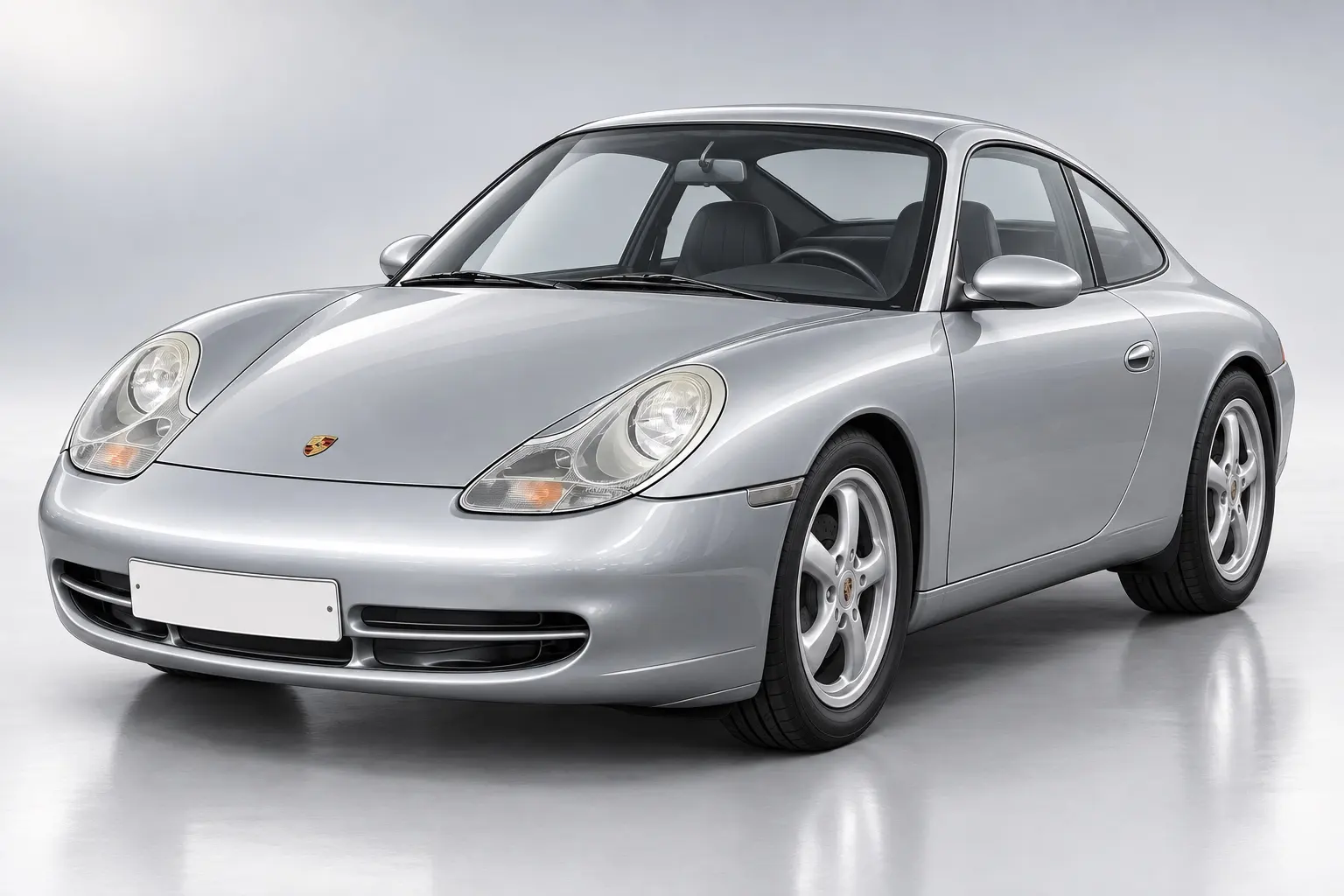 ポルシェ 996型911を斜め前から見たイラスト。上下に引き伸ばされた独特の形のヘッドライト、なだらかなボンネット。銀色のボディ。クーペ