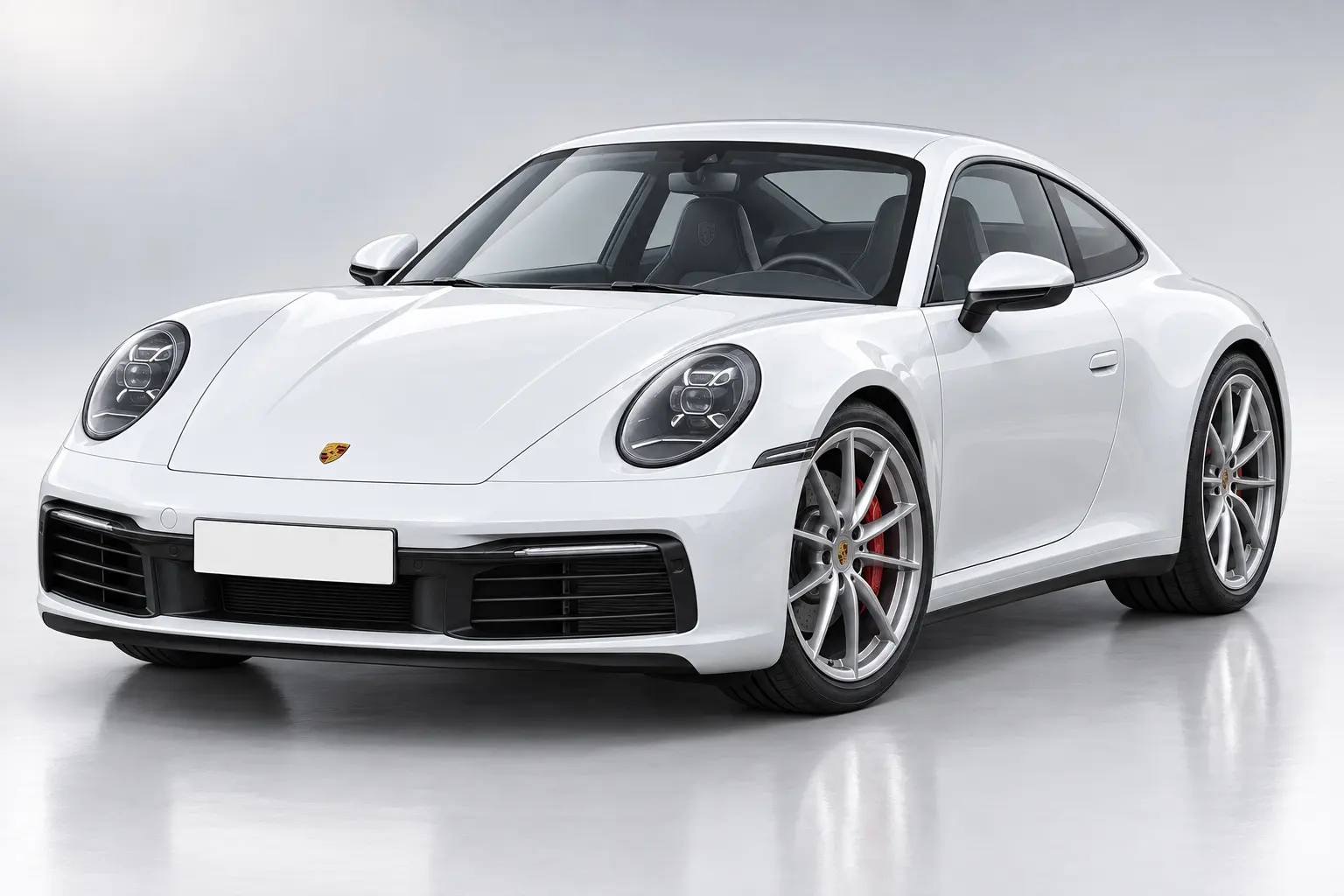 ポルシェ 992型911を斜め前から見たイラスト。横一文字のリアまわりを持つクーペ、幅広い後ろ姿、丸型4灯のLEDヘッドライト。白いボディ